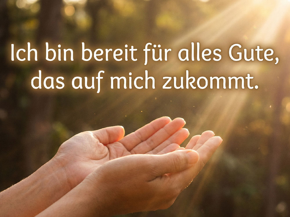 Positive Affirmation: Ich bin bereit für alles Gute, das auf mich zukommt – Hände empfangen Licht