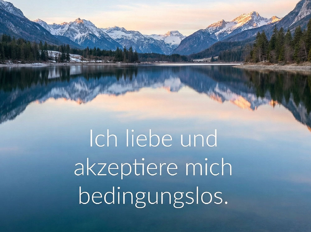 Positive Affirmation: Ich liebe und akzeptiere mich bedingungslos – Bergsee Spiegelung