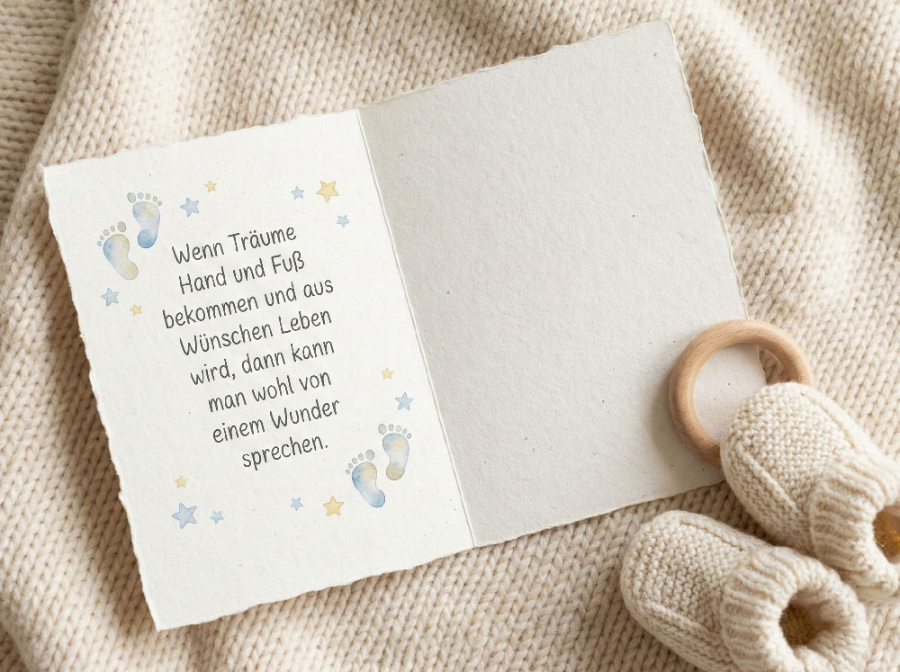 Zärtliche Glückwunschkarte zur Geburt mit Spruch über kleine Wunder, Babyfüße und Sterne