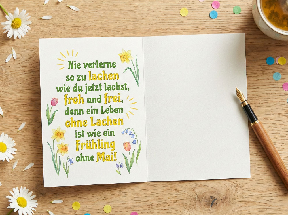 Fröhliche Geburtstagskarte mit buntem Spruch über Lachen und Frühling